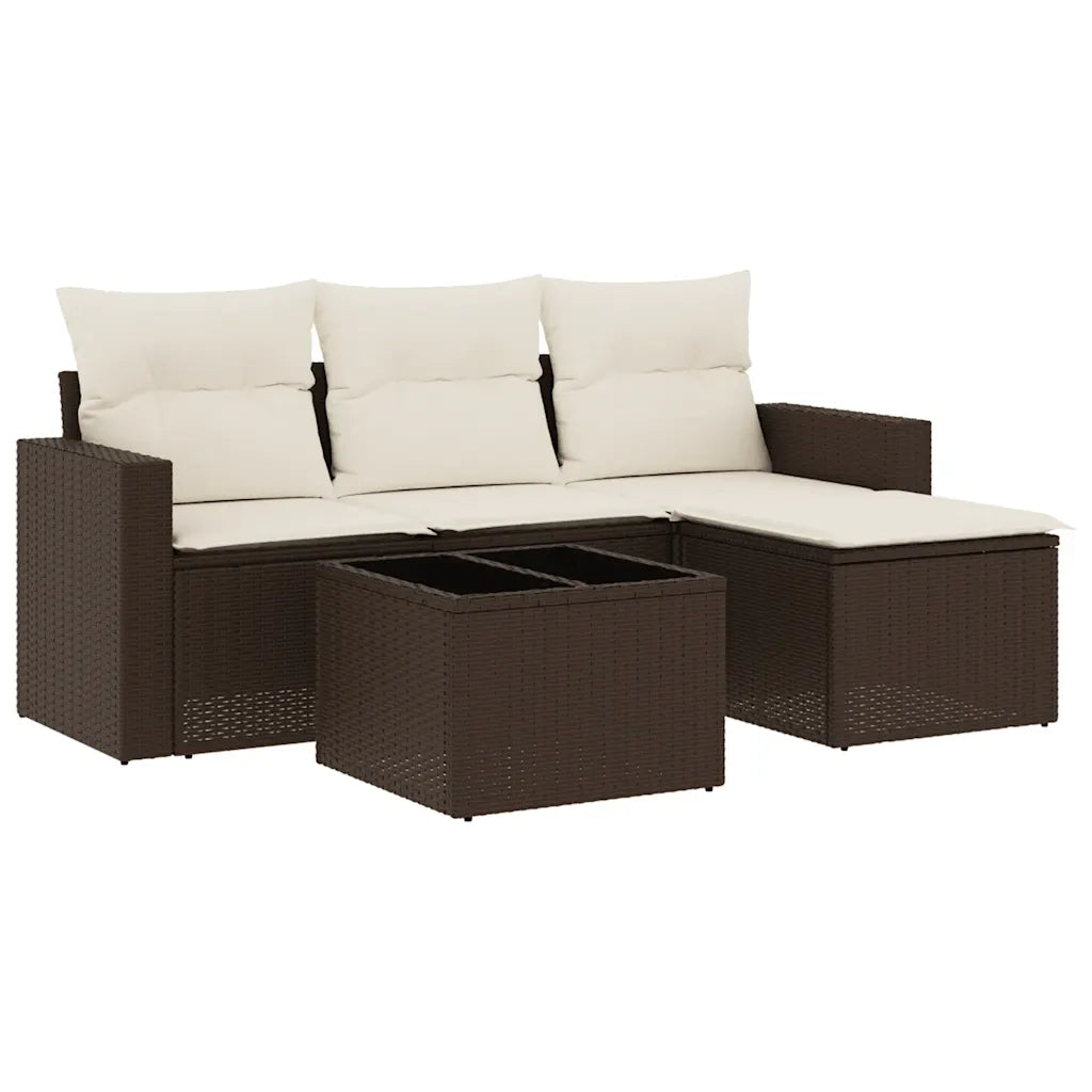 Set Divano da Giardino 5 pz | Set Salotto da Giardino con Cuscini Marrone in Polyrattan