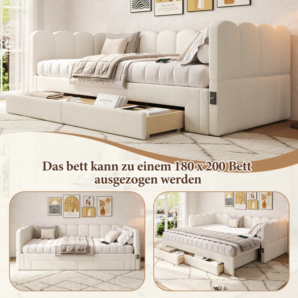 Divano letto con letto estraibile e cassetti, 90x200 cm, lino beige