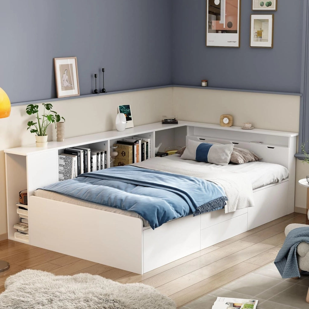 Letto Singolo 90x200 cm con Contenitore Cassetti e Libreria, Letto Multifunzionale per Bambini con Vano Portaoggetti e Rete a Doghe in Legno, Rete con 3 Contenitore, Bianco, Senza Materasso