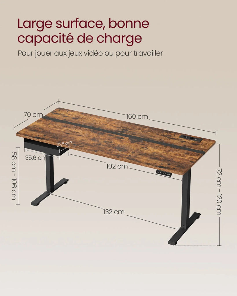 Scrivania regolabile elettricamente in altezza scrivania sit-stand superficie 60 x 120 cm regolabile in continuo 4 funzioni di memoria dell'altezza marrone rustico e nero 12_0004590
