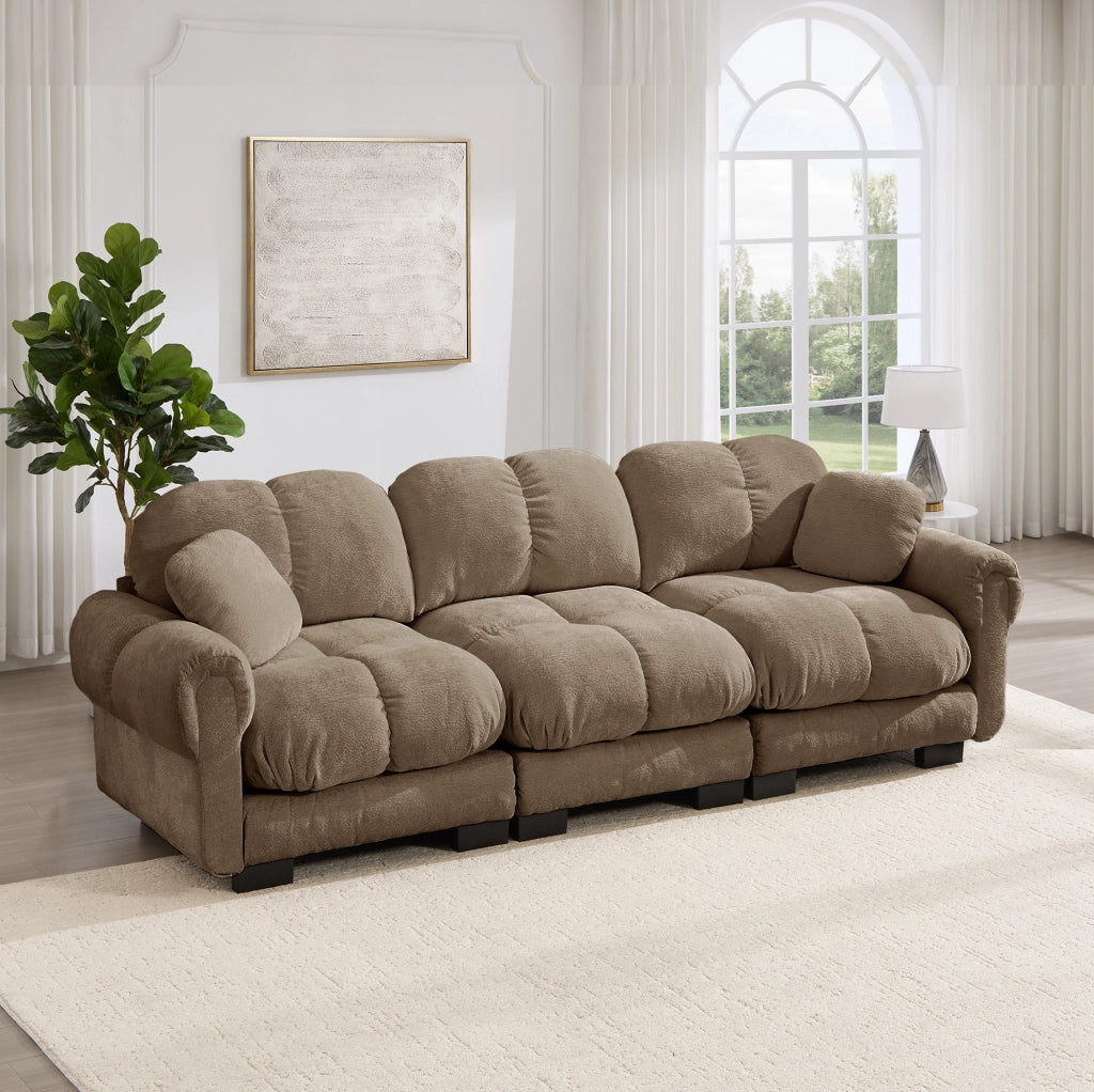 Divano modulare 3 posti 260x86x90 cm in chenille marrone con cuscini trapuntati