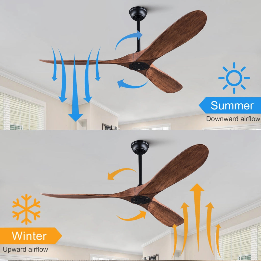 Ventilatore da soffitto 60 pollici senza luce con telecomando; 3 pale in ABS; nero e noce scuro