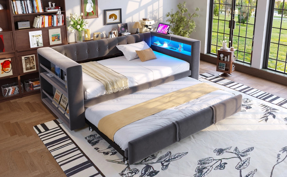 DESMIU Divano letto 90/180 × 190 cm 1 posto con LED, prese e contenitore, senza materasso, grigio scuro