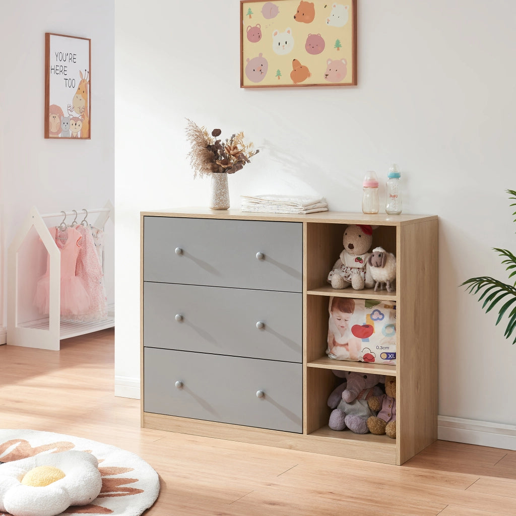 Cassettiera Beldinupp con Piano Fasciatoio Rimovibile 93 x 110 x 55 cm - Effetto Rovere / Grigio [en.casa]
