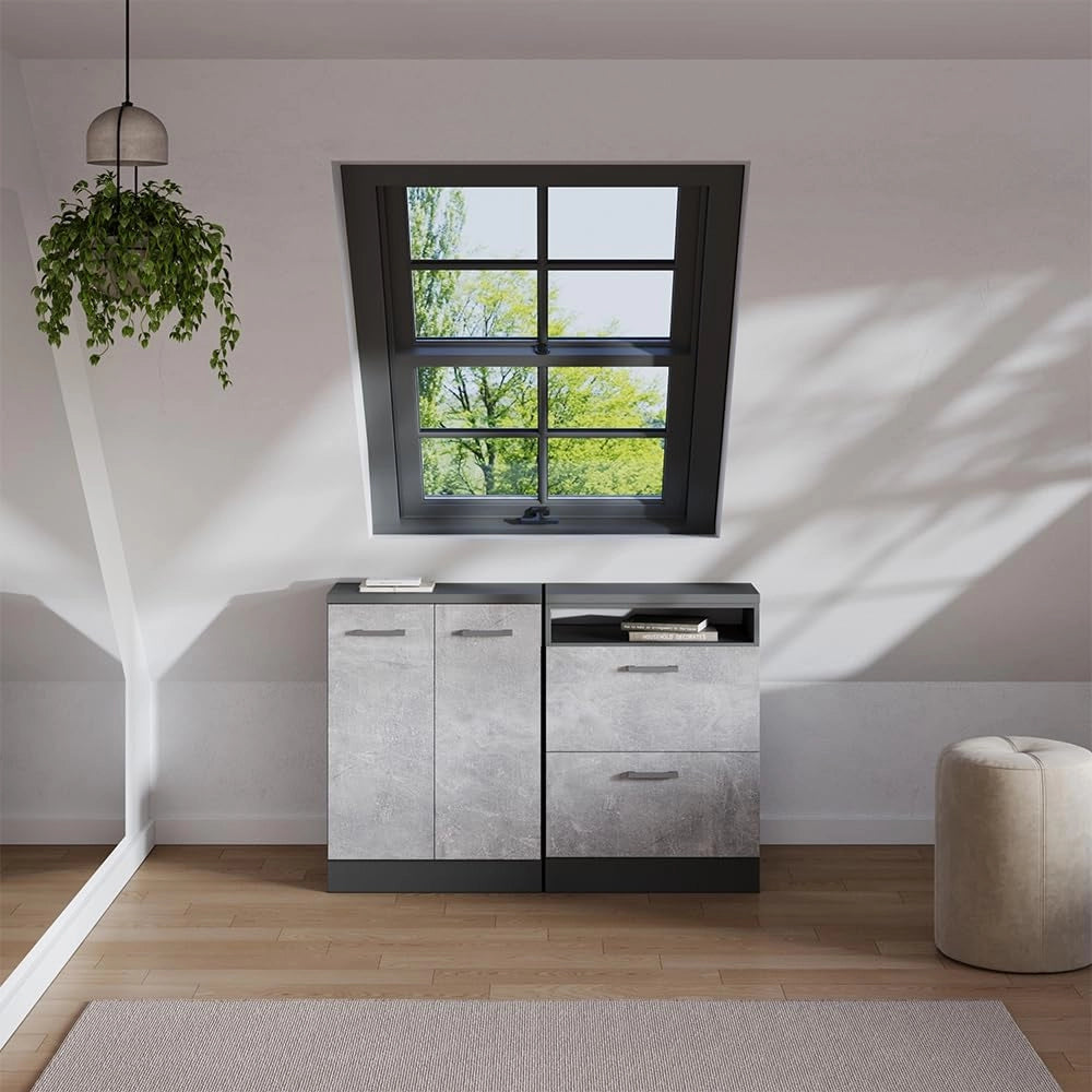 Set di mobili sottotetto Rion, Calcestruzzo, 120 cm Set di 2 carcasse armadio profondità 60 cm, adatto per il salvaspazio sotto tetti spioventi