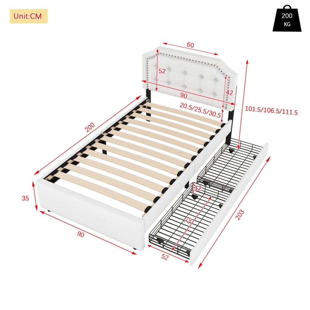 Letto imbottito 90x200 cm con cassetti; MDF e lino; beige chiaro
