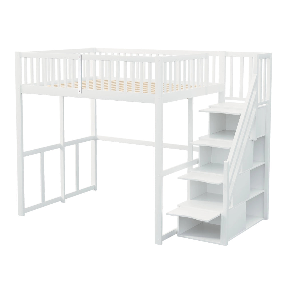 Letto a soppalco 140x200 cm bianco con scala contenitore