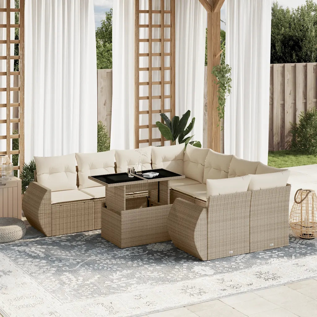 Set Divano da Giardino 9 pz con Cuscini Beige in Polyrattan