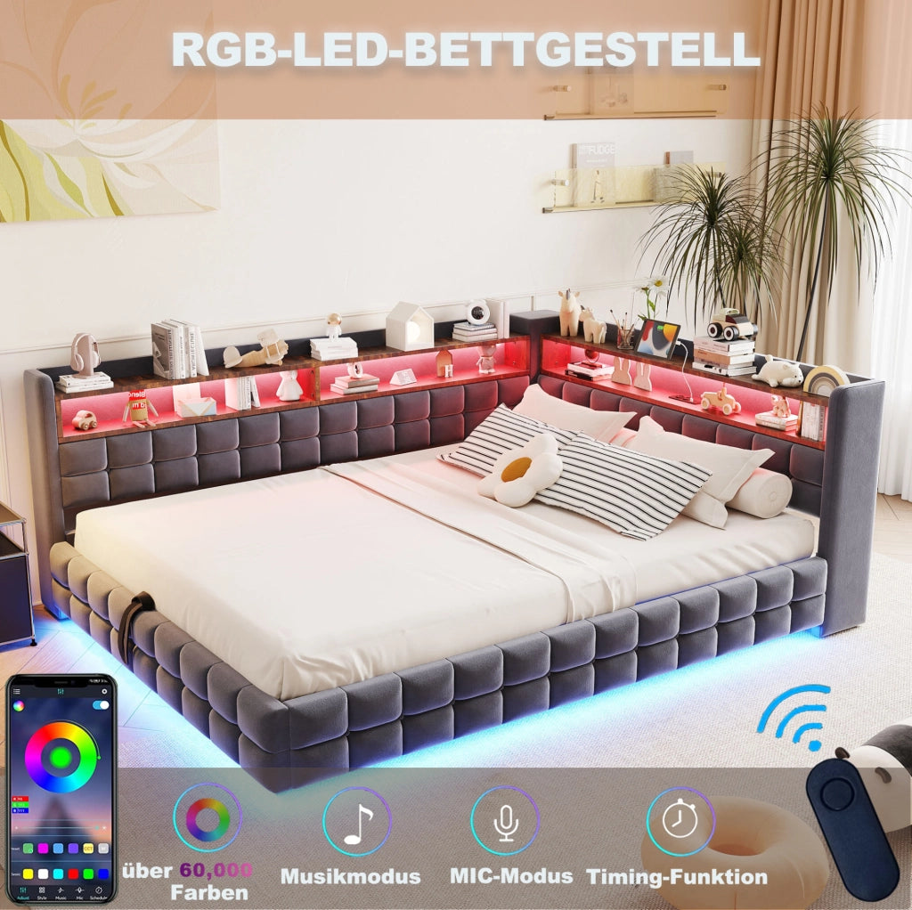 Divano letto imbottito 140x200 cm con vano contenitore idraulico; LED; prese USB e Type-C; grigio