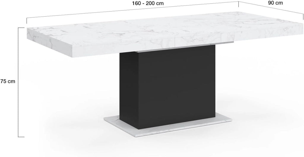Tavolo da pranzo rettangolare allungabile EDEN 6-10 persone con piano ALASKA effetto marmo bianco e nero 160-200 cm