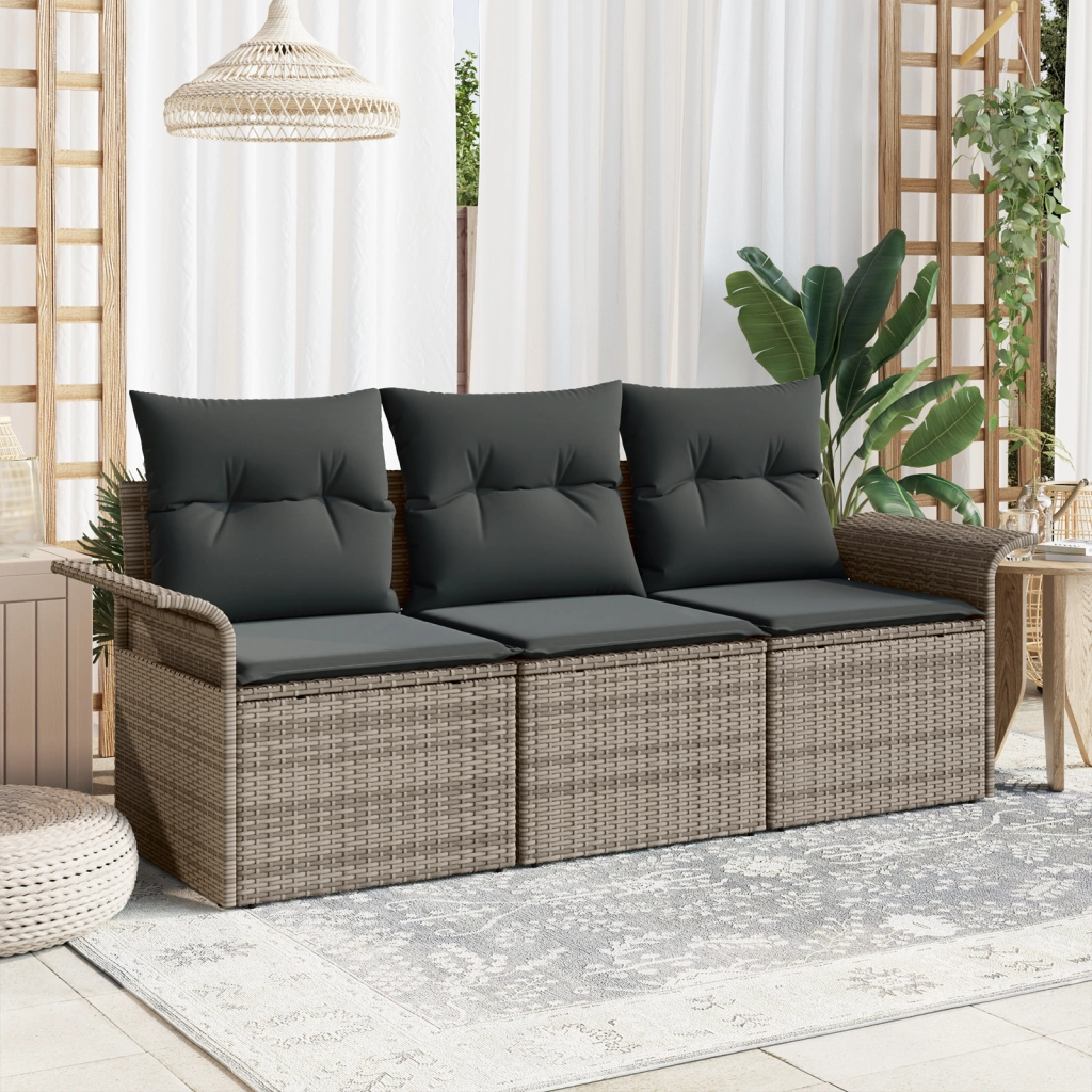 Set Divano da Giardino a 3 Pezzi con Cuscini Grigio Rattan Sintetico