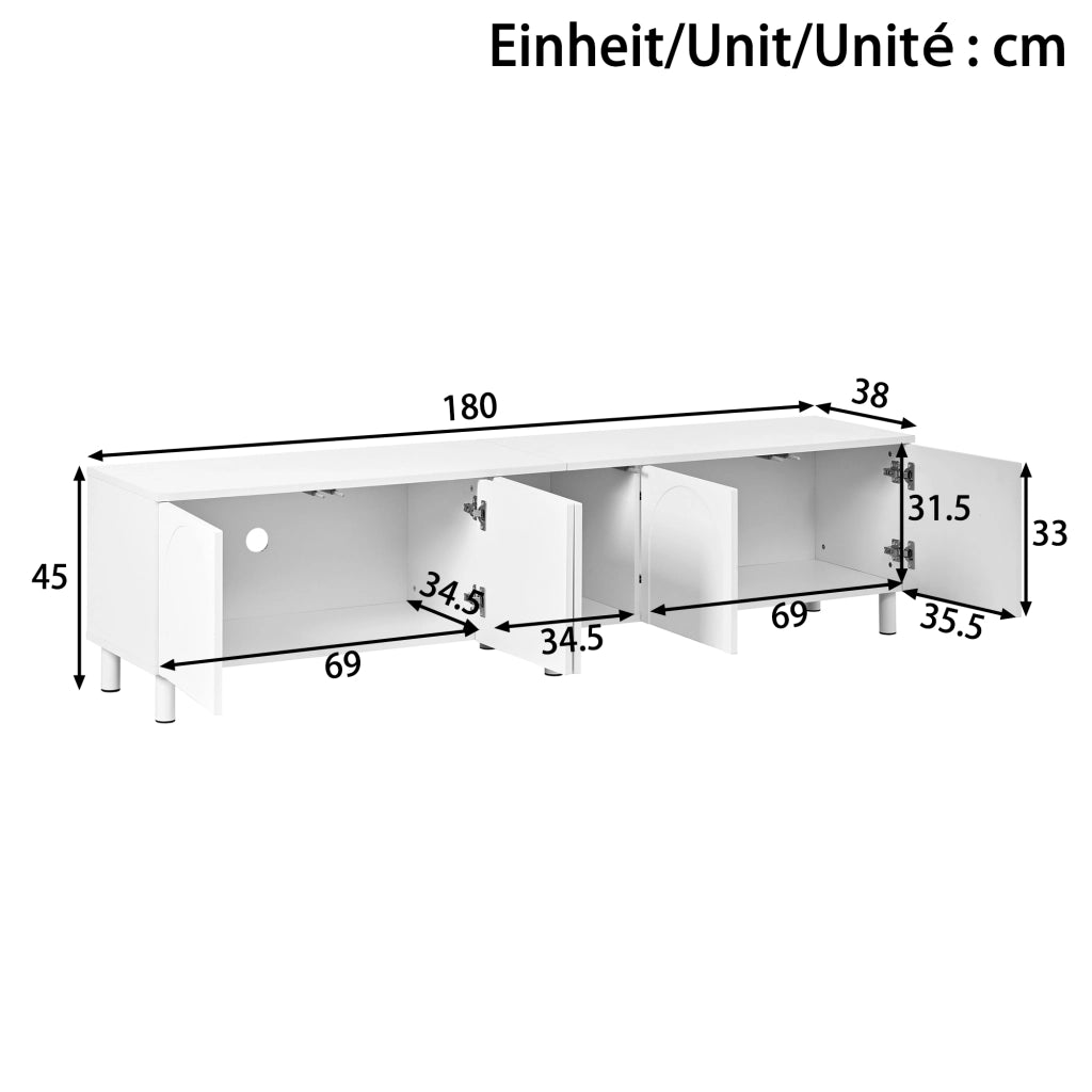 Mobile porta TV con 5 ante e passacavi, piedi in metallo, in MDF e PB, per soggiorno, bianco, 180 × 38 × 45 cm