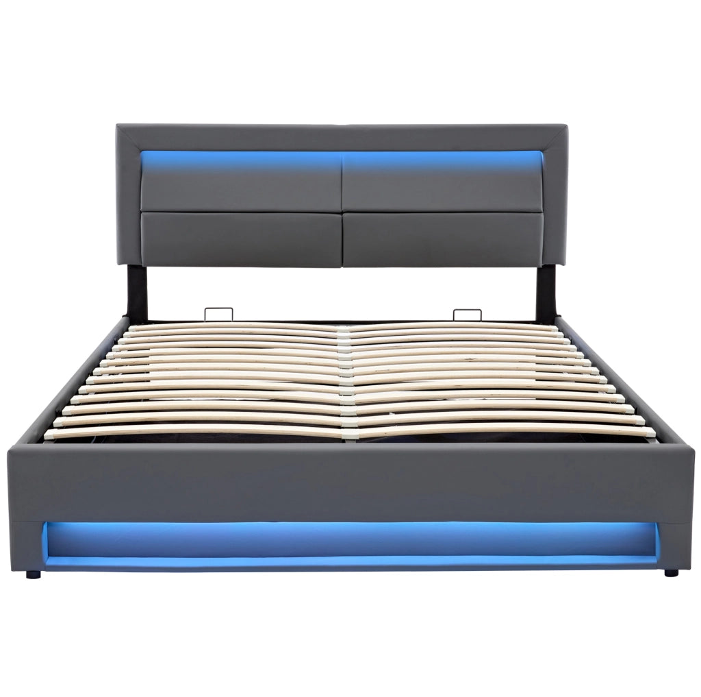 Letto imbottito 140x190 cm con USB; ricarica wireless; LED e contenitore; PU grigio