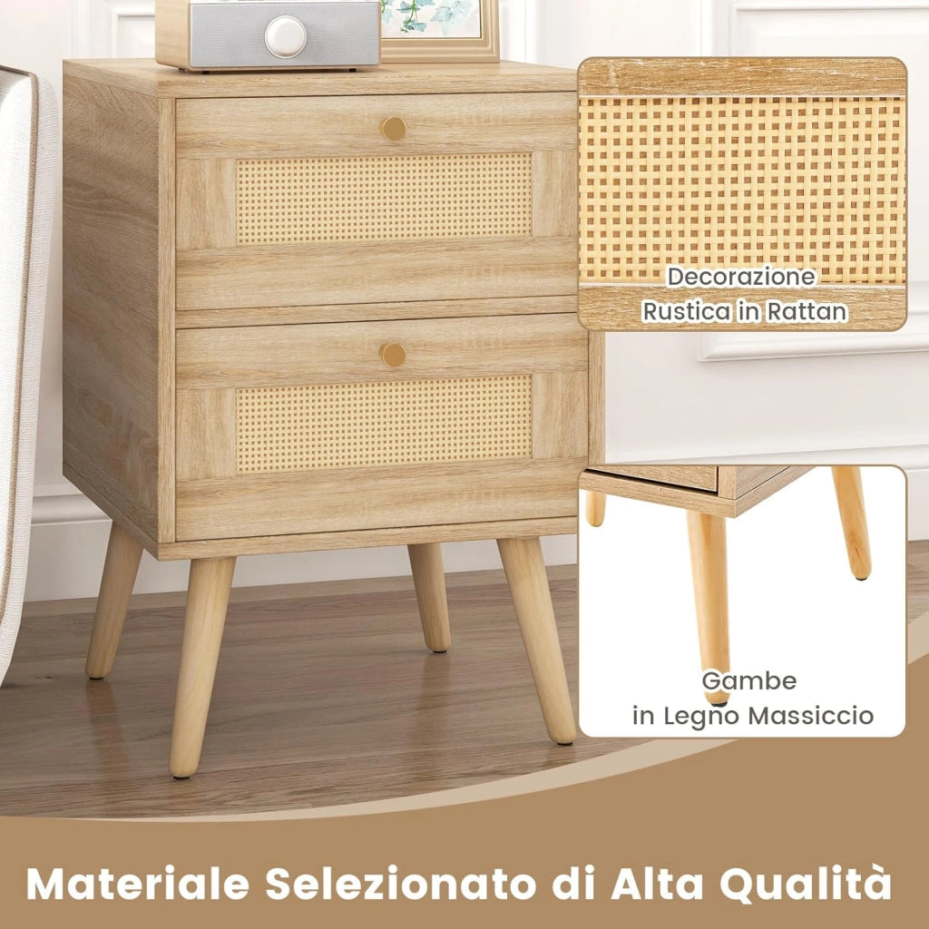 Comodino in Rattan con 2 Cassetti, Tavolini Laterali Moderni con Gambe in Legno Massello, per Soggiorno e Camera da Letto, 40 x 40 x 59 cm (1)