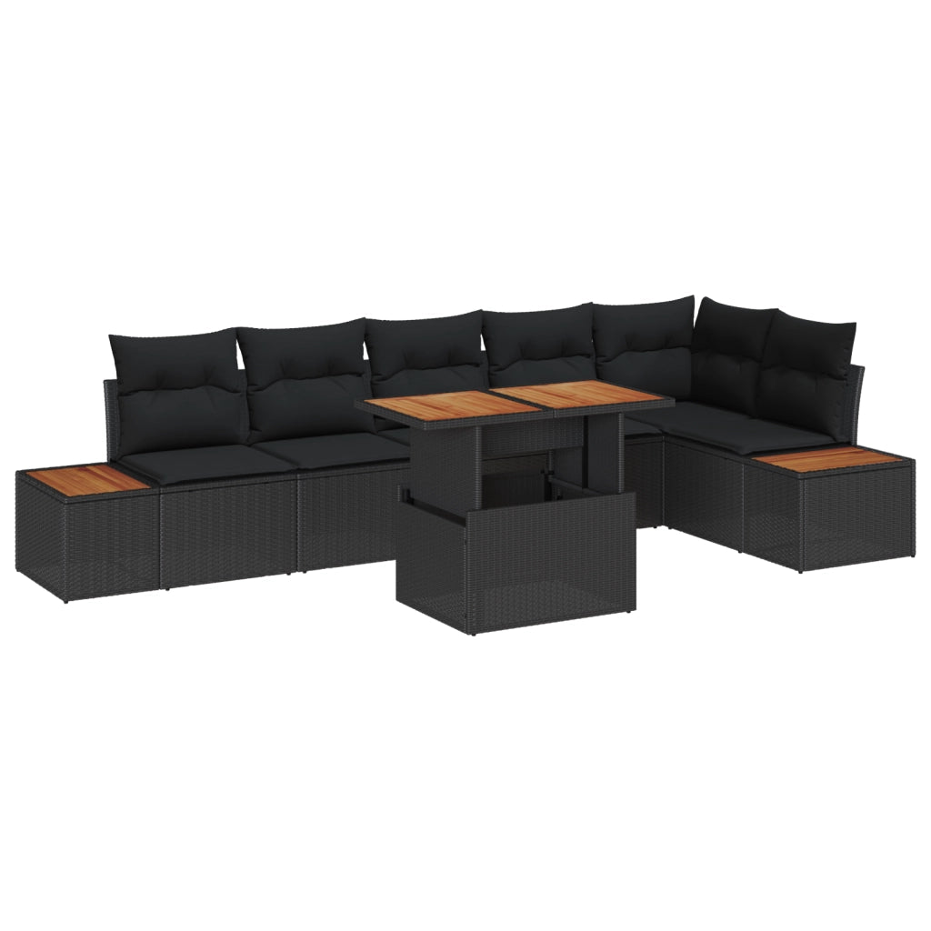 Set Divano Giardino da 7 Pezzi con Cuscini Nero Polyrattan