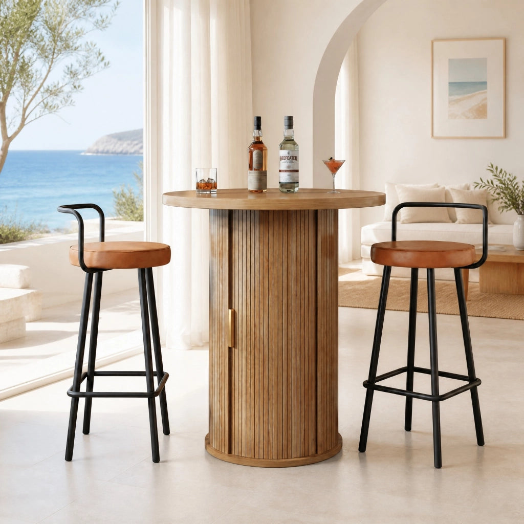 Set tavolo da bar rotondo con vano portaoggetti e 2 sgabelli ergonomici in MDF e metallo colore legno