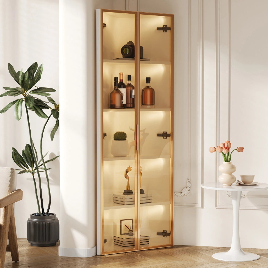 VETRINA Angolare 62 x 35 x 160 cm MDF e Vetro Bianco con Illuminazione LED