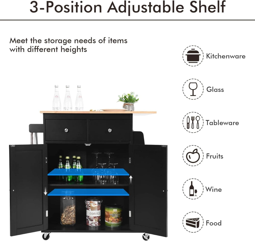 Credenza, Carrello di Servizio con Ruote Regolabile con Portaspezie a 3 Livelli, Armadio in Cucina con 2 Cassetti e 2 Porte, 2 Colori, 88x45x89,5cm