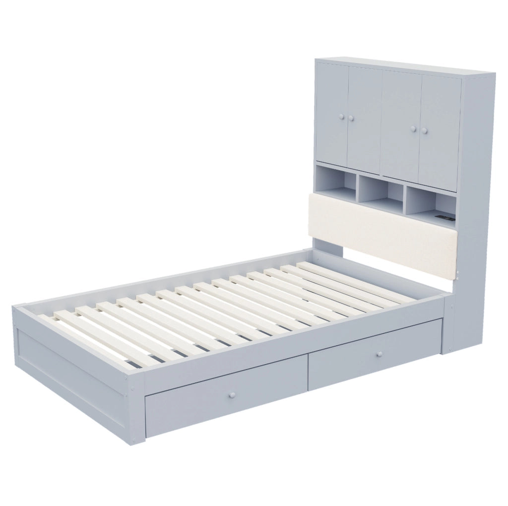 Letto singolo multifunzione 90x200 cm con contenitore; LED; presa e cassetti; grigio