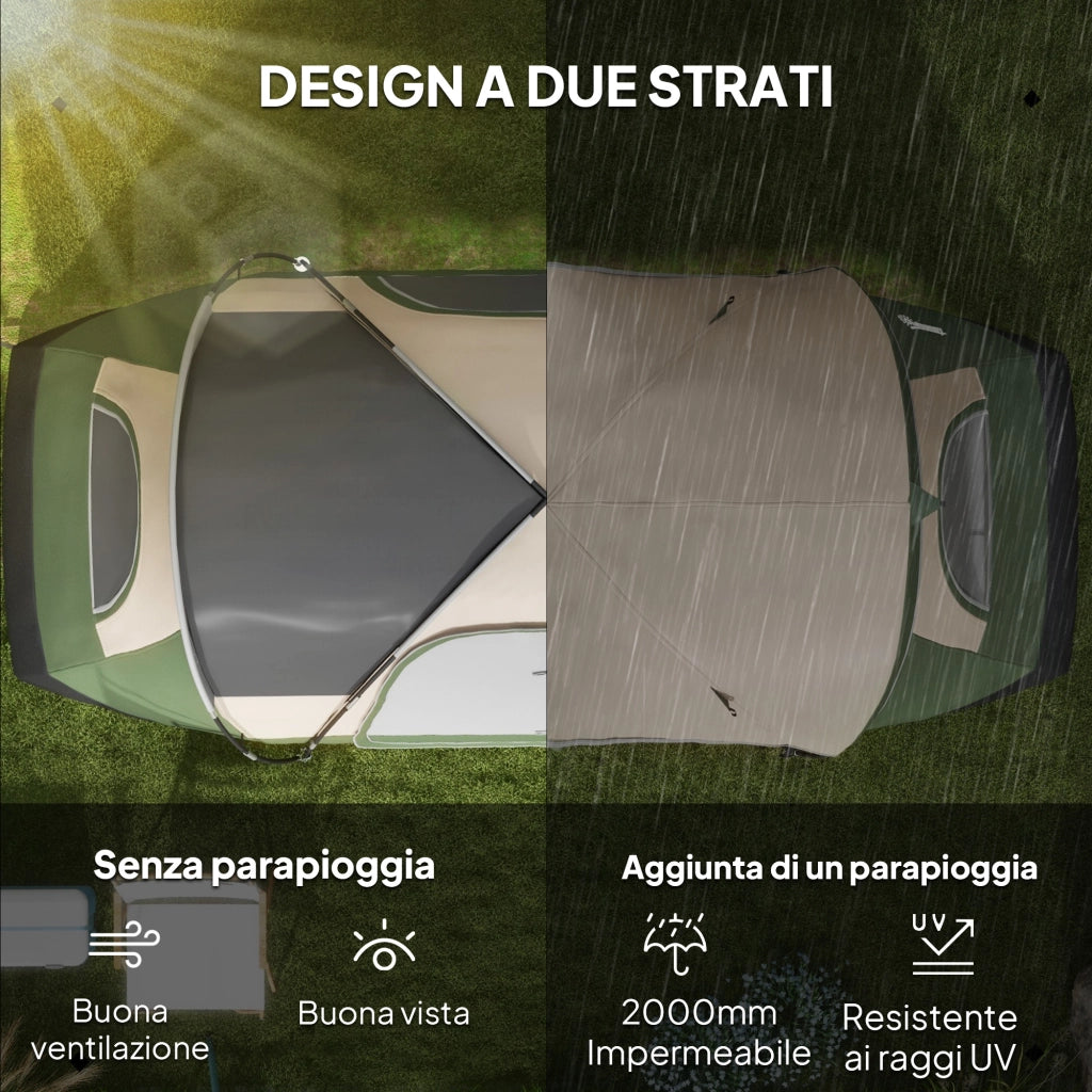 Tenda da Campeggio 450x215x180 cm 6 Posti con 2 Stanze Separate Verde Scuro