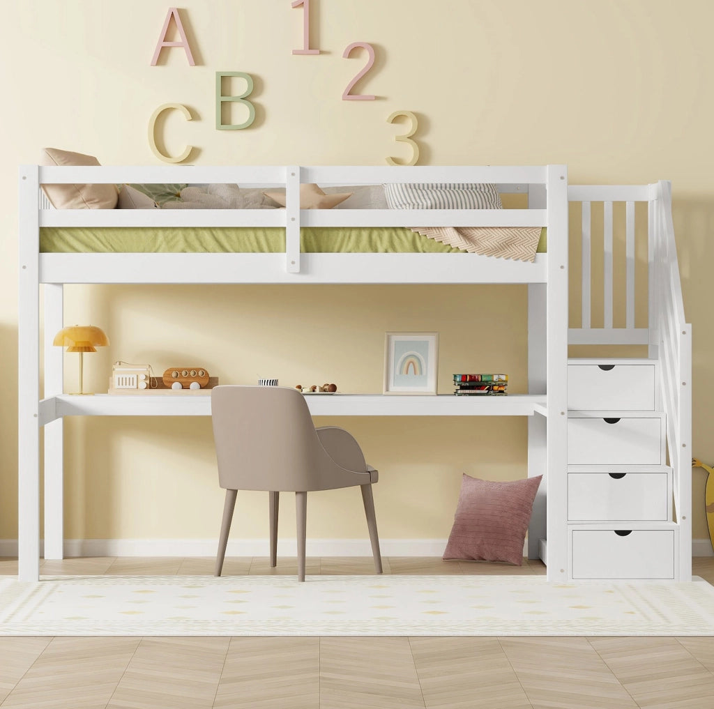 Letto a soppalco ULEVR 90x200 cm con scrivania, cassetti contenitore e scala con vano, bianco