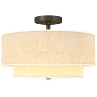 Lampada a Soffitto, Lampada a Sospensione con Doppi Paralumi in Lino, Bianco crema