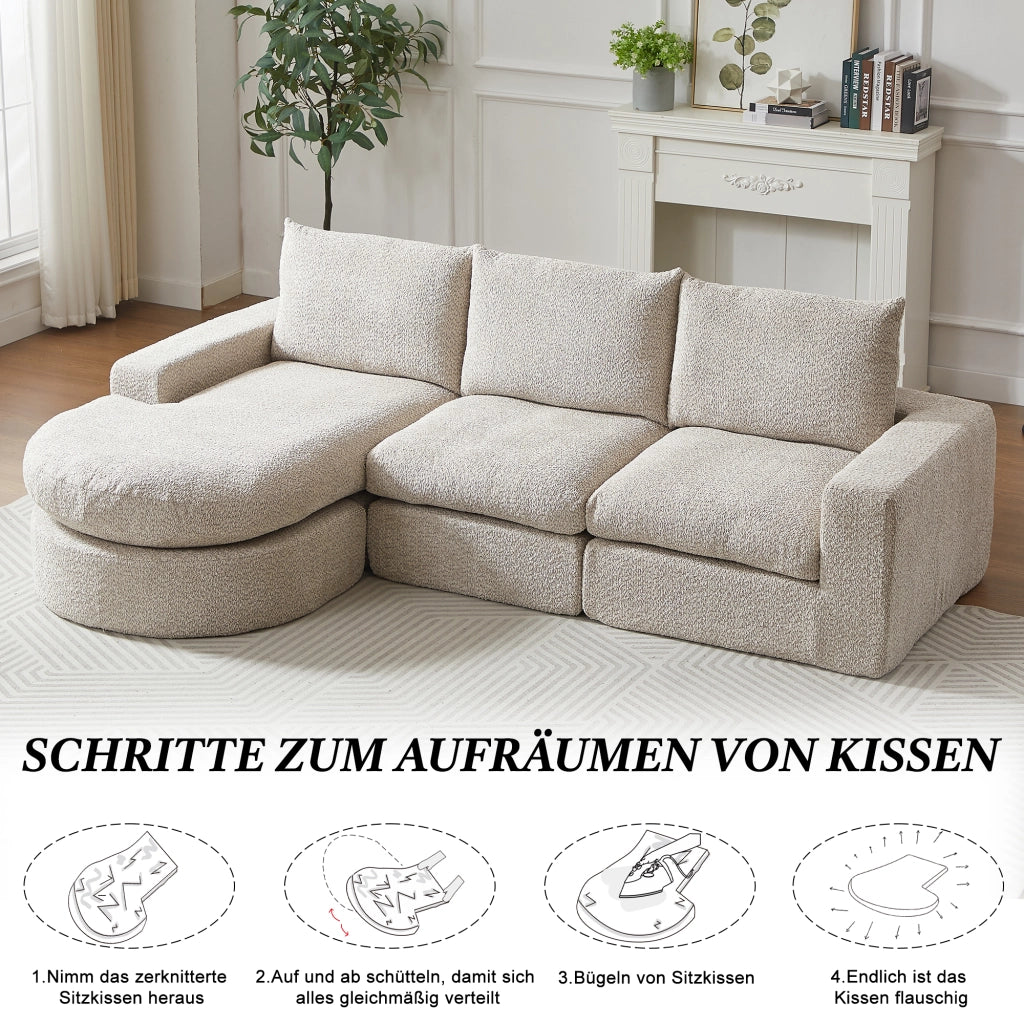 Divano modulare a quattro moduli con chaise longue reversibile e cuscini cervicali, in ciniglia beige e ferro