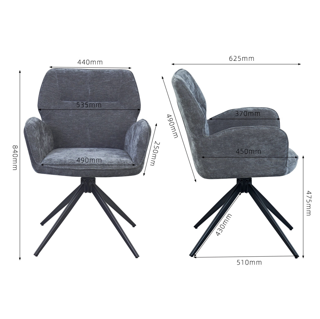 Set di 2 sedie girevoli 60x56x59 cm con braccioli e schienale avvolgente; chenille; grigio scuro