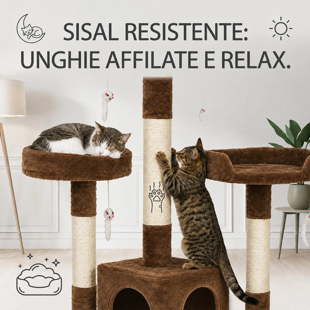 Tiragraffi per Gatti Albero Sisal Parco Giochi Gatto Tira Graffi 170cm Marrone