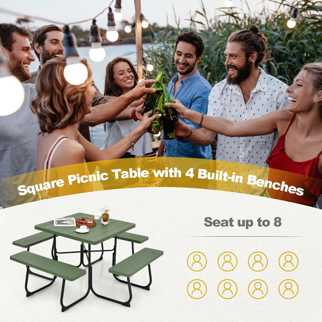 Set di tavolo da picnic per 8 persone, tavolo quadrato e 4 panche in HDPE, con foro per ombrellone, texture simile al legno, per giardino, patio (verde)