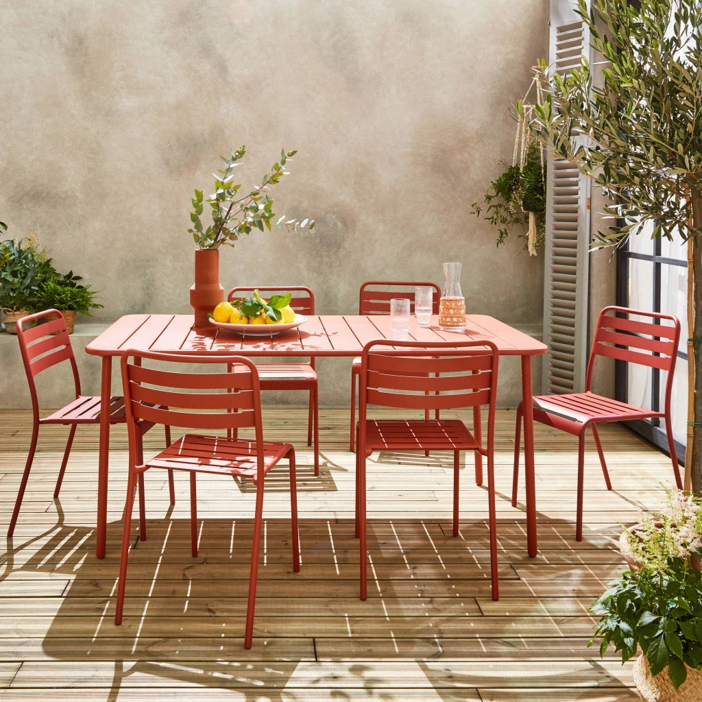 Set tavolo da giardino in acciaio con 6 sedie, 160cm, terracotta