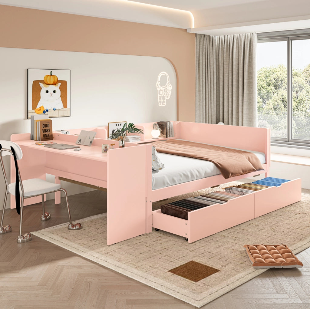 Letto matrimoniale 140x200 cm con scrivania e cassetti rosa
