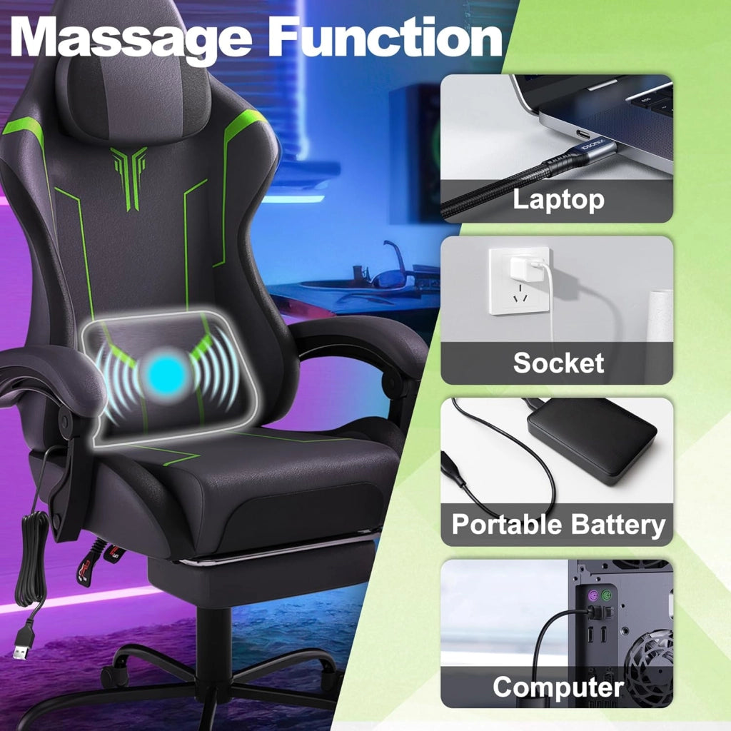 Sedia da gaming, massaggiante, colore grigio, per gaming, con poggiapiedi, poggiatesta e massaggi, ergonomica, regolabile in altezza, per sala giochi, ufficio