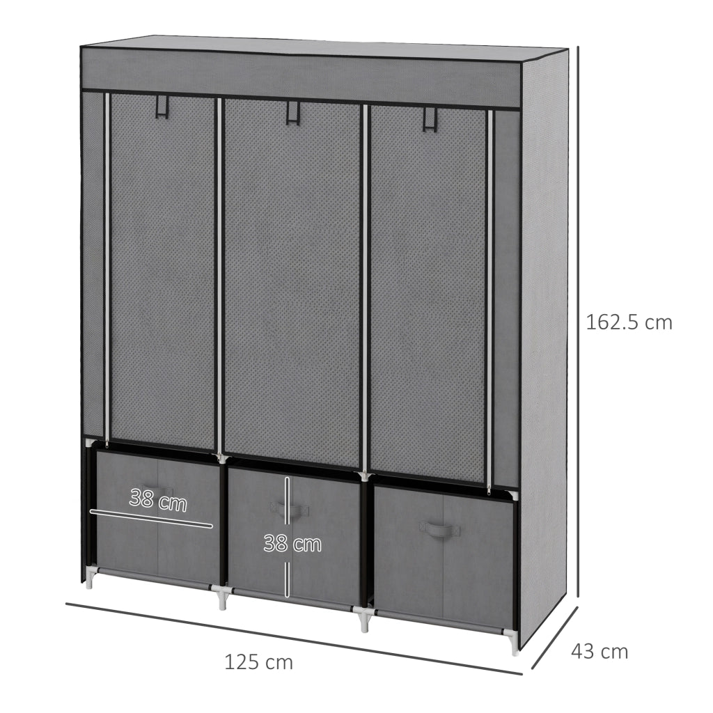 Armadio pieghevole in acciaio con 2 appendiabiti 5 ripiani aperti e 3 cassetti grigio scuro 125 × 43 × 162,5 cm