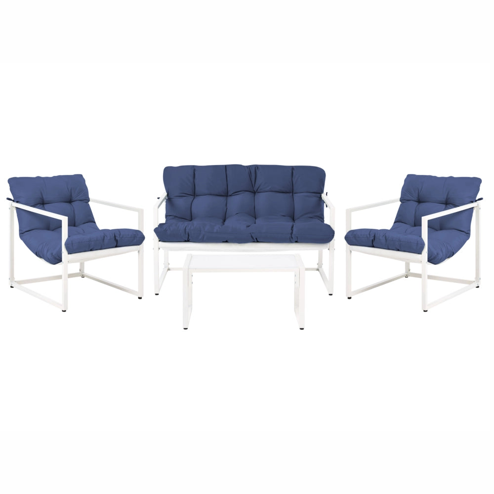 Set da giardino moderno a 4 posti in acciaio zincato con cuscini blu esterno elegante