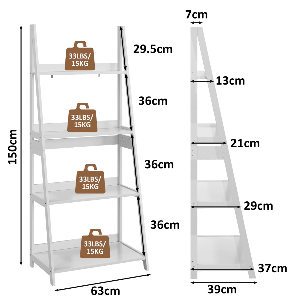 Libreria a scala con 4 ripiani e struttura in MDF e pannelli truciolari per soggiorno e ufficio; bianco 86×47×13 cm
