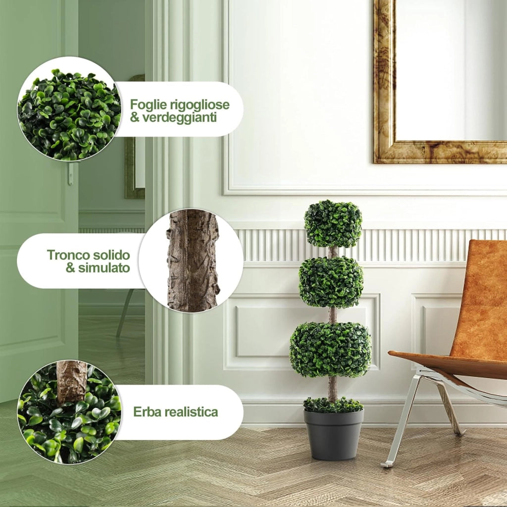 Pianta Finta 75 cm, Albero Artificiale a Sfere con Vaso di Plastica Riempito di Cemento, Piante Finte da Decorazione per Giardino, Ingresso, Balcone e Terrazza