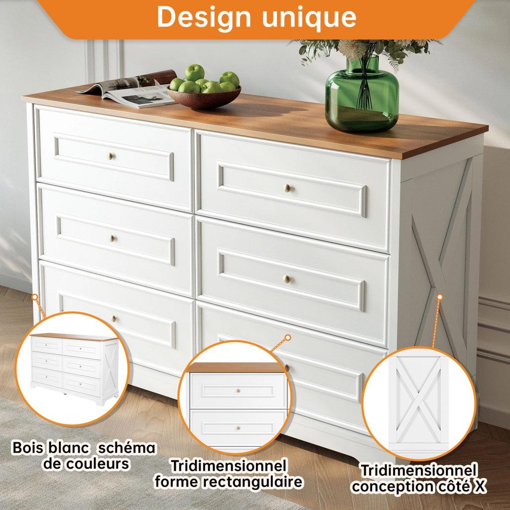 Credenza con 6 Cassetti; Motivo Fienile e Maniglie Dorate; Stile Country; in MDF; 120??40??76 cm; Bianco