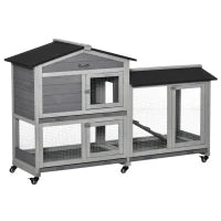 Conigliera a 2 Livelli con Rete Protettiva e Rotelle in Legno e Metallo, 157.4x53x99.5 cm, Grigio