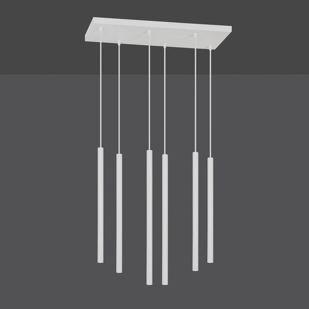 Lampadario 6 Luci Moderno Shu Acciaio Bianco E Paralumi A Cilindri Sottili