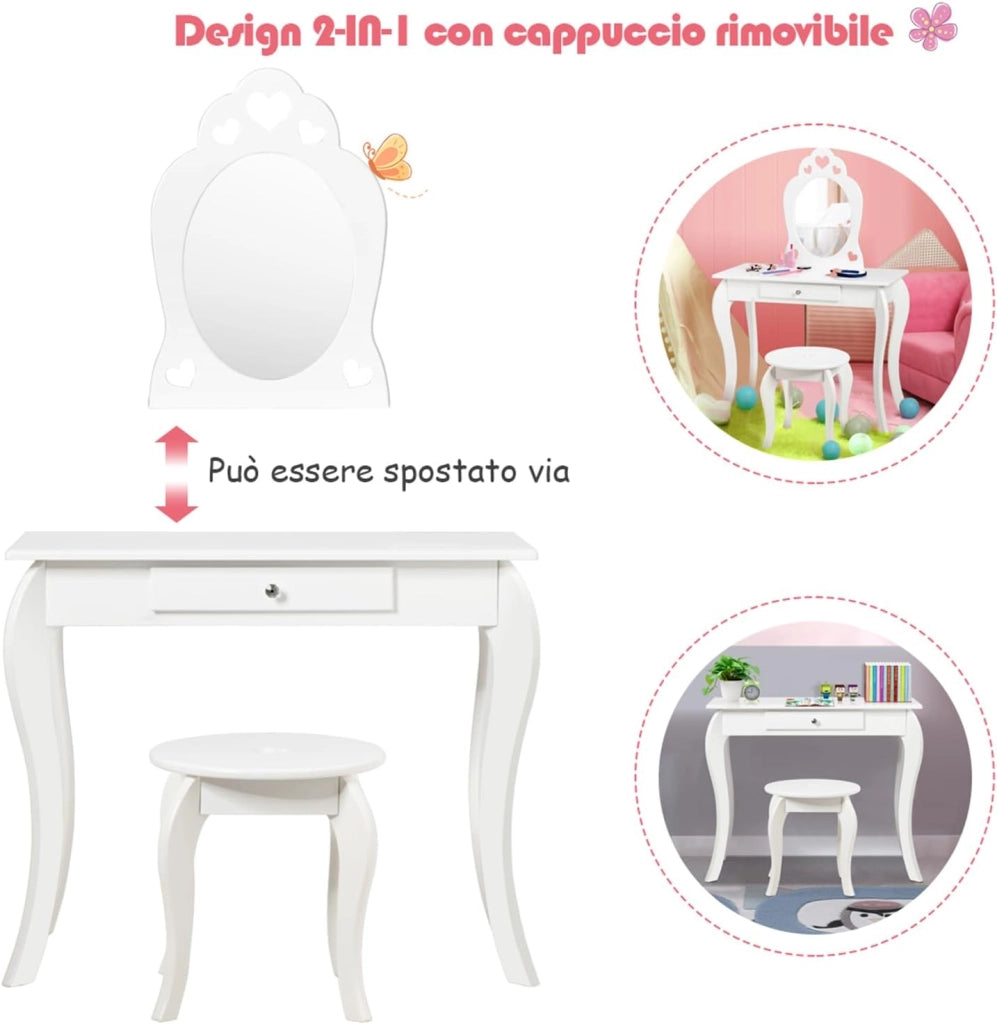 Toeletta Trucco per Bambina, Specchiera per Ragazzi in Legno Robusto, Postazione Trucco 2 in 1 con Cassetto, Sgabello e Specchio Staccabile, 70 x 34 x 105 cm (BIANCO)