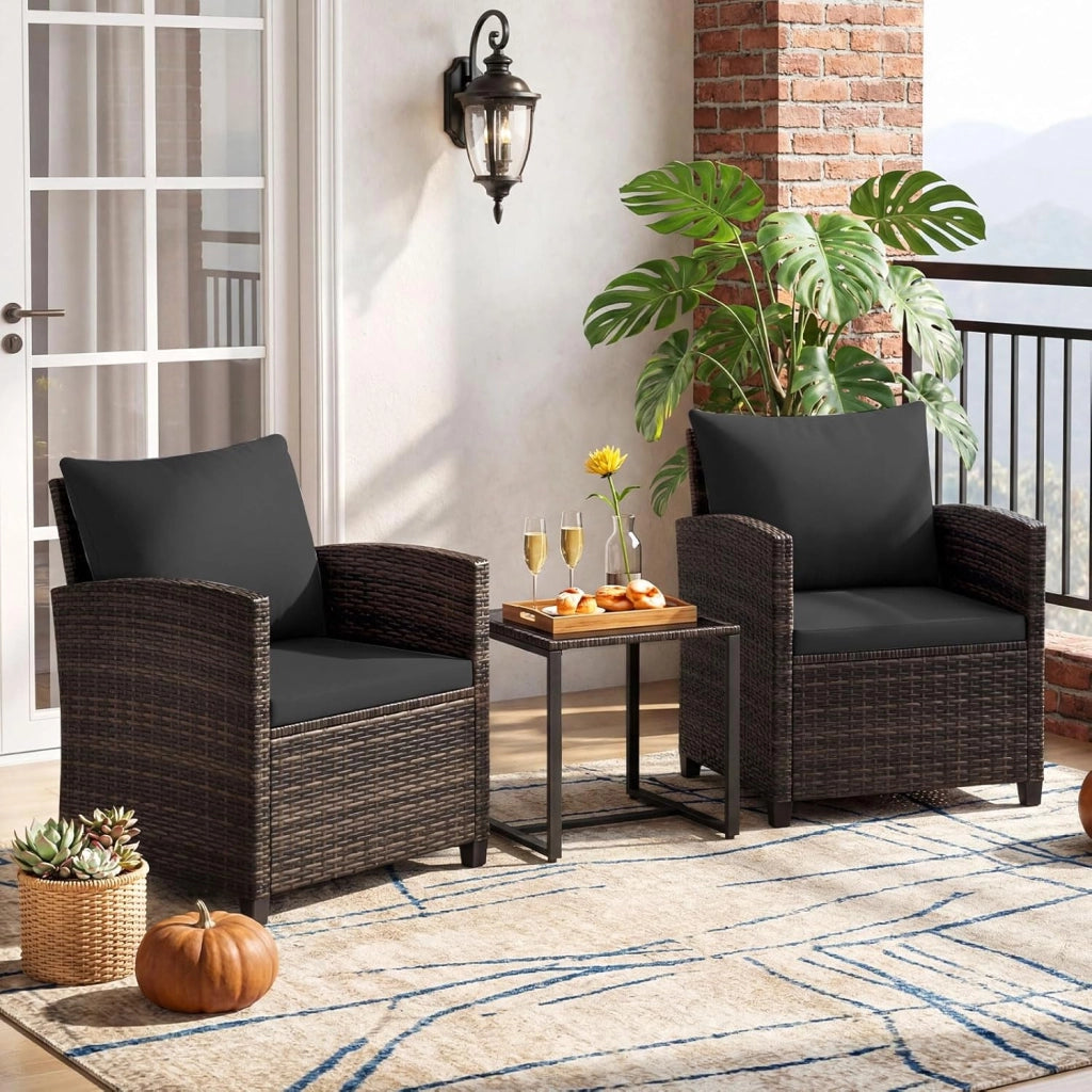 Set Mobili da Giardino 3 Pezzi, Salotto da Esterno in Rattan PE con 2 Poltrone e 1 Tavolino in Vetro Temperato, Set da Conversazione con Cuscini Sfoderabili per Patio (Nero, Modello 5)