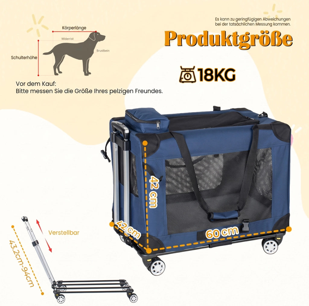 Trasportino pieghevole per cani 60 cm con ruote; 3 porte in rete; blu scuro