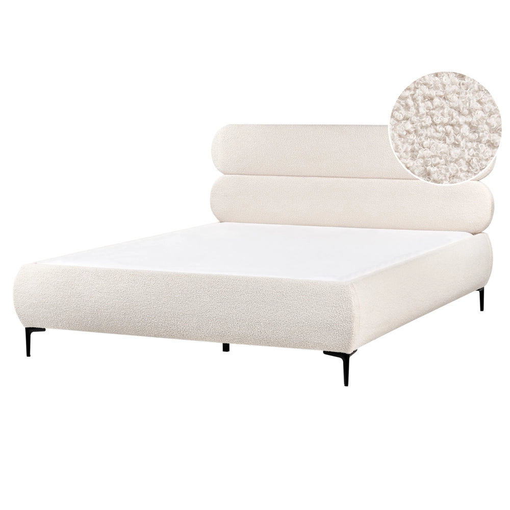 Letto con rete bouclé bianco panna 160 x 200 cm testata gambe in metallo nero camera da letto classica minimalista