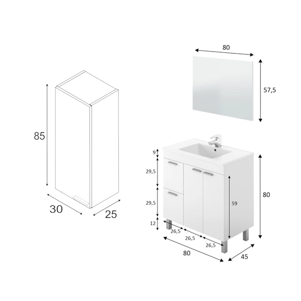 Paderna, set Mobili Bagno Specchio Incluso, Bianco Lucido