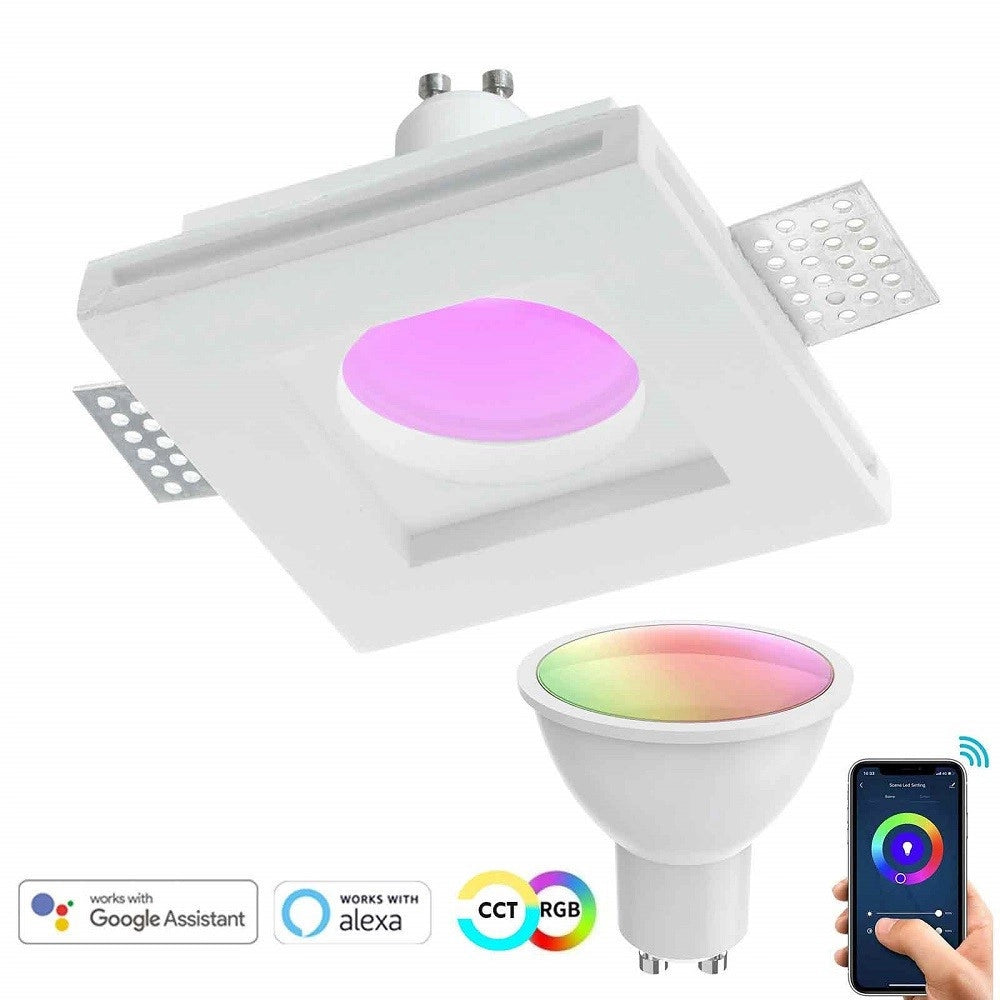 Trade Shop - Faretto Slim Gesso Smart Led Gu10 Wifi Incasso Quadrato Rgb Cct Alexa Google 10x10cm -