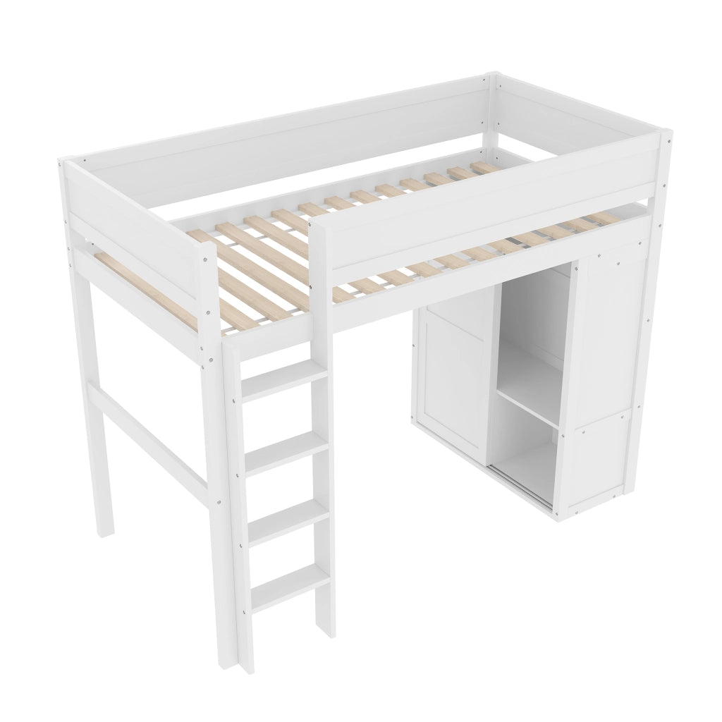 OKWISH Letto a Soppalco 90×200 cm, Letto Singolo con Armadio, Vano Contenitore e Spazio Aperto Sottoletto, senza Materasso, Bianco