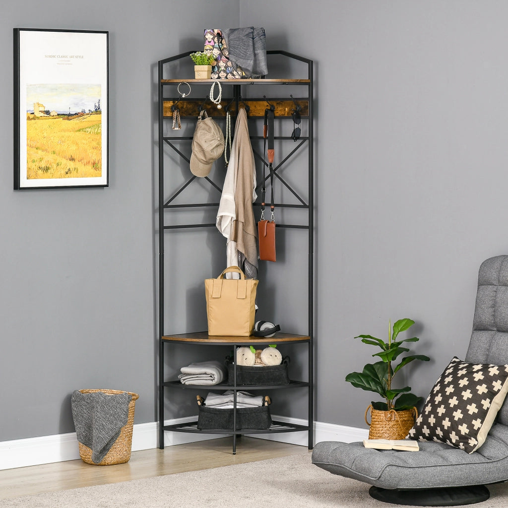 Appendiabiti da Terra Angolare con Panca e Scarpiera in Stile Industriale, 50x50x183cm, Marrone