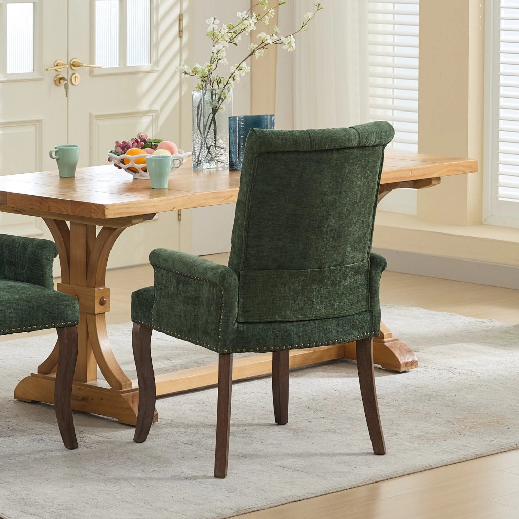Sedia da pranzo, venduta singolarmente, tessuto chenille, gambe in legno massello, con braccioli, verde oliva