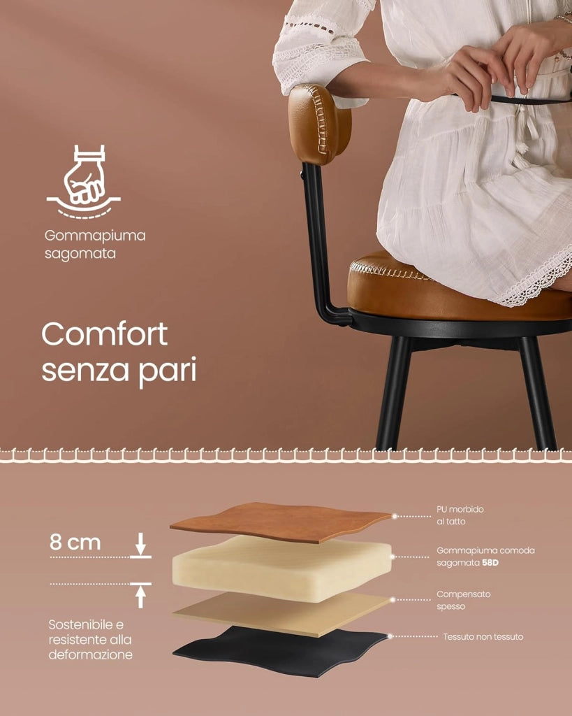 VASAGLE EKHO Collezione - Sgabelli Cucina Set da 2, Sgabelli da Bar Girevoli con Schienali, Sedie Cucina, Rivestimento con Cucitura, Moderno di Metà Secolo, Altezza 76 cm, Marrone Caramello LBC889K01